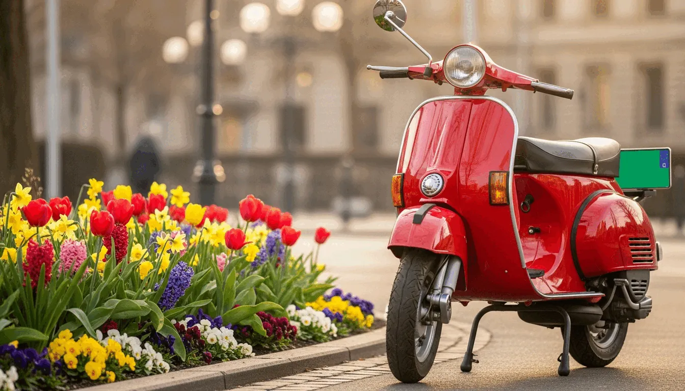 Rote Vespa-Mofa mit Versicherungskennzeichen vor Tulpenbeet im Frühling